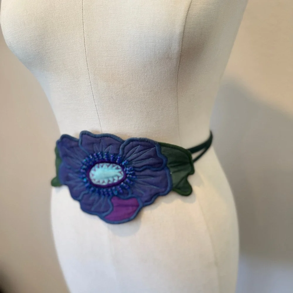 Ellen Edith Purple Beaded Embroidered Flower Waist Belt Bohemian Artisan Tie